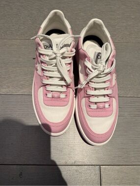 CHANEL Pink and White Low-Top Lace-Up Sneakers